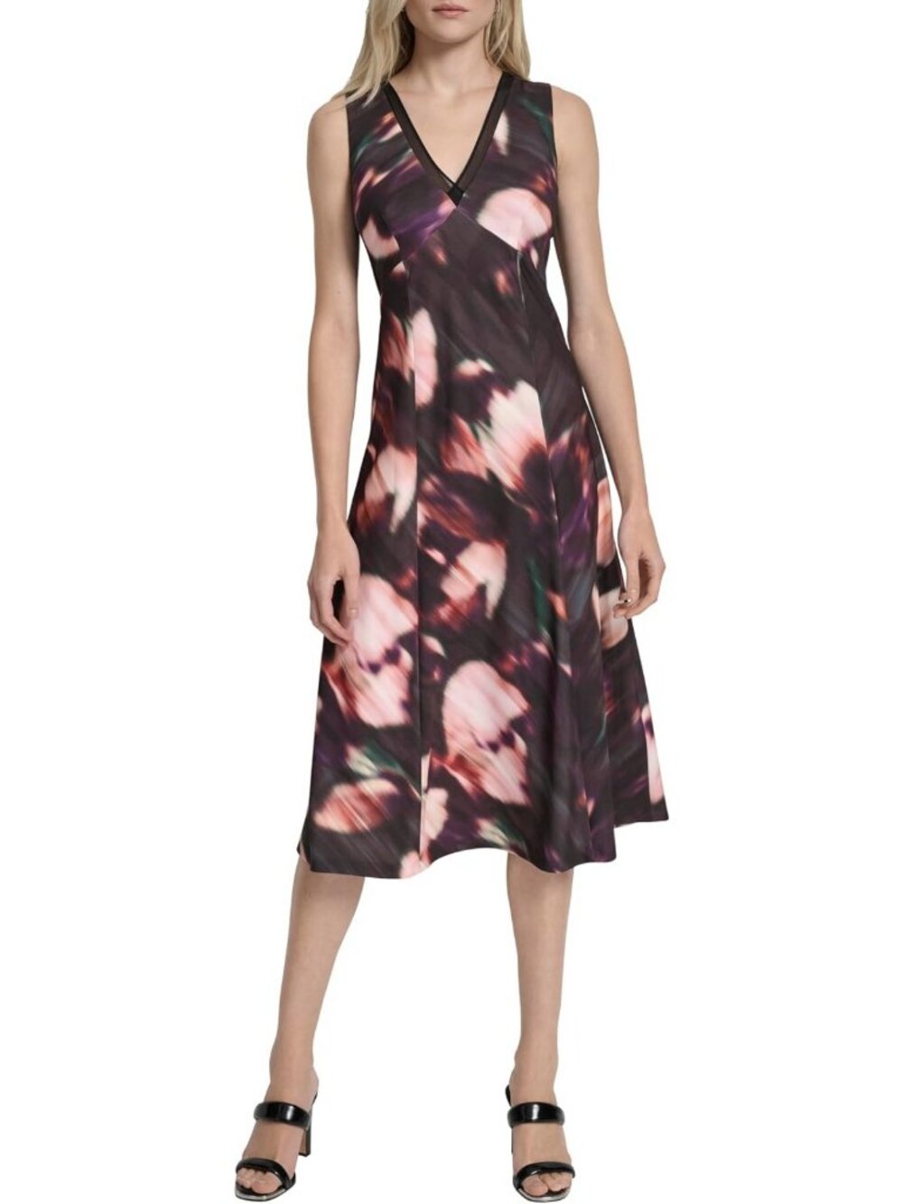 Chic Sleeveless V-Neck Chiffon Midi Dress with Flounce Hem & Neck Trim
